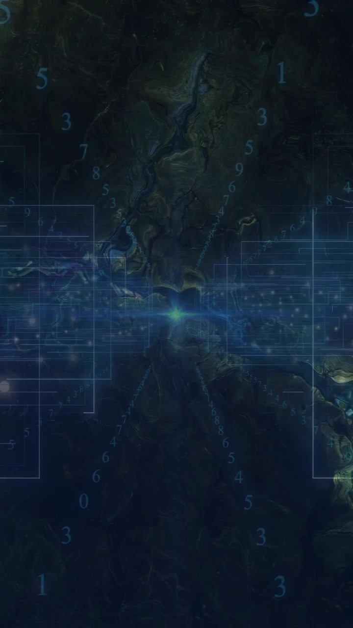 Vertical video: Center node glowing, pinging along band, HUD sliding, digits aligning showing flow