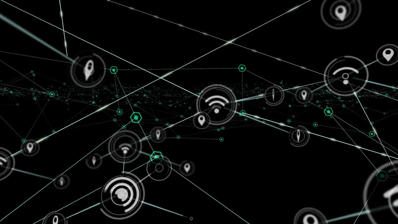 animación de la red de conexiones con iconos de medios en fondo negro