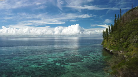 aerial view over shallow sea and through palm trees, on lifou island - reverse, drone shot