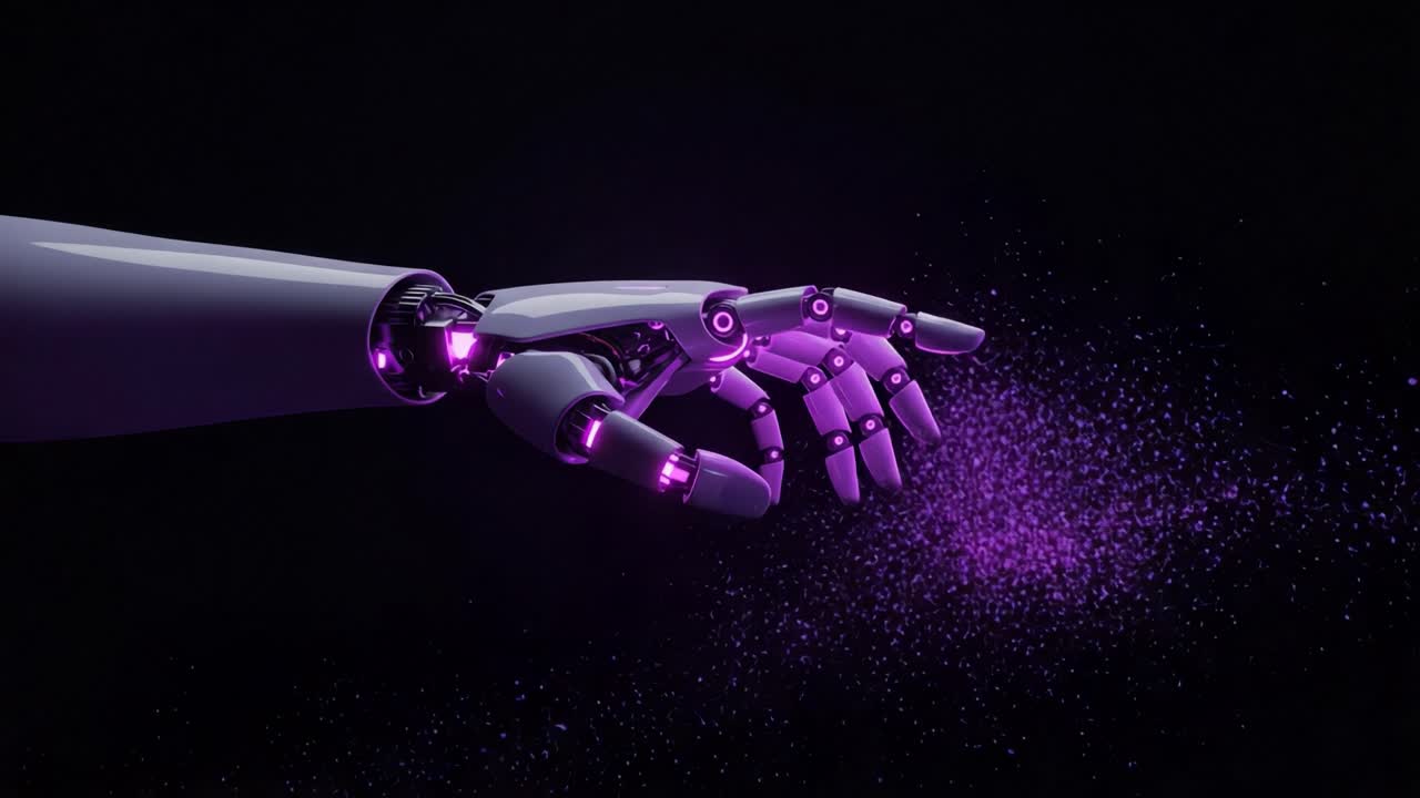 Exploring the Fusion of Technology and Art: A High-Tech Robotic Hand Releasing a Glowing Stream of Particles in a Dark Background