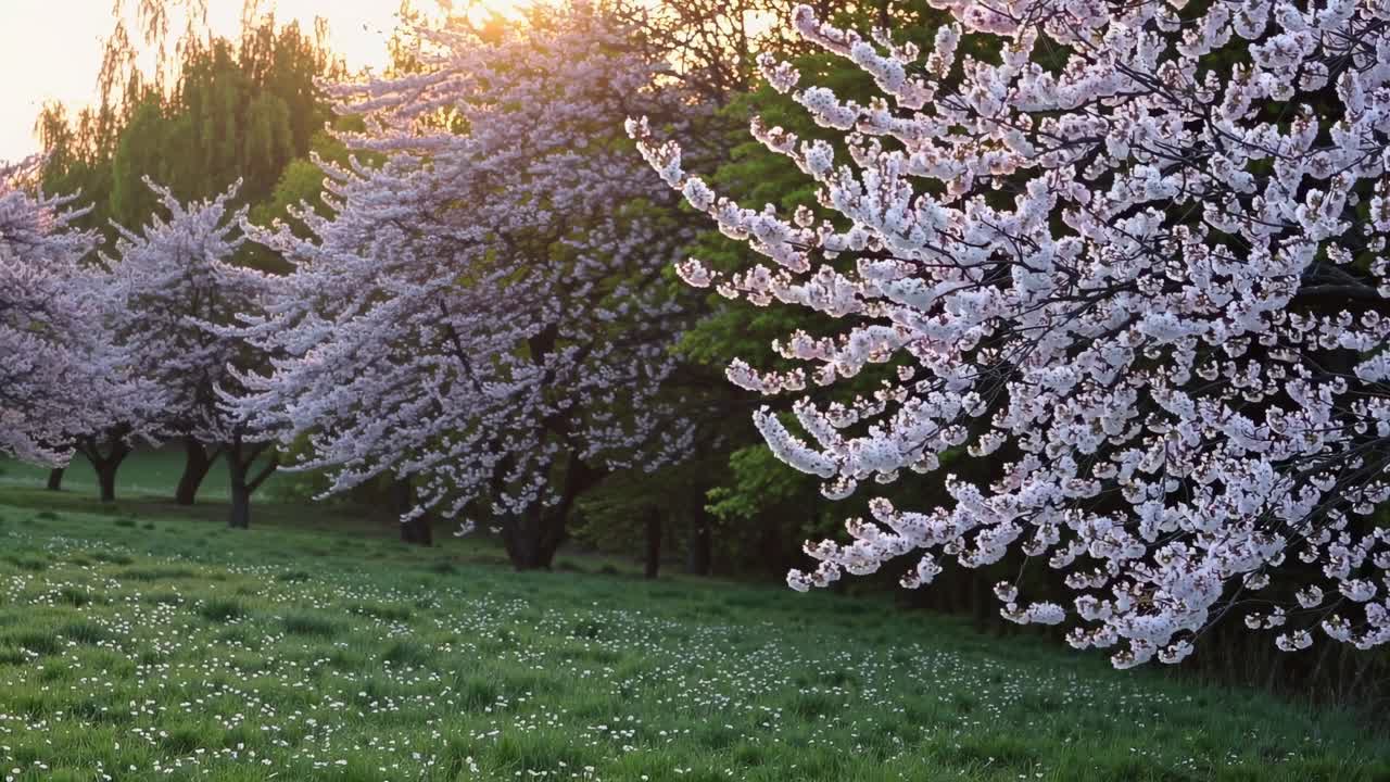 A serene video scene of cherry blossoms in full bloom, captured at eye level, showcasing a tranquil