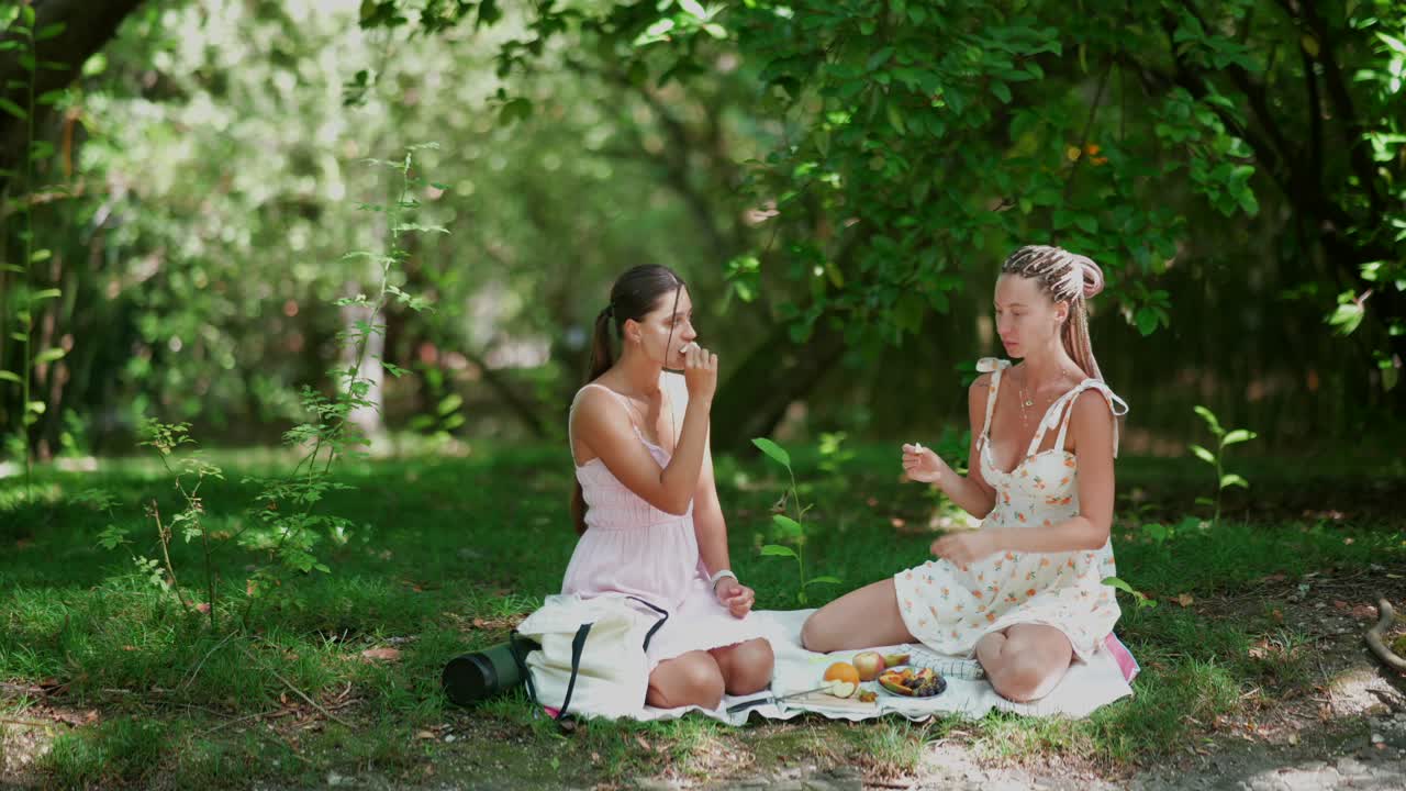 두 명의 젊은 여성들이 공원에서 피크닉을 즐기고 있습니다.