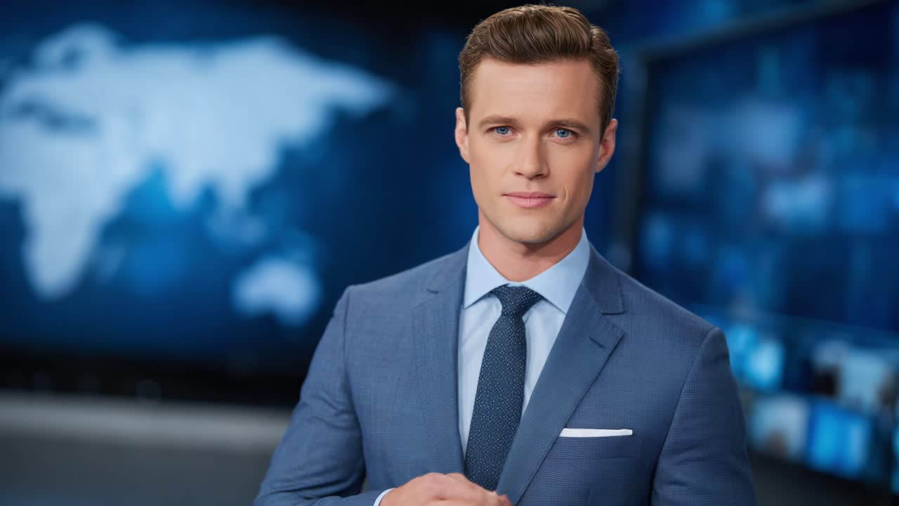 Professional News Anchorman Delivering Insights and Commentary with Focused Expression in a Modern Newsroom Setting, Capturing Audience Attention and Engagement