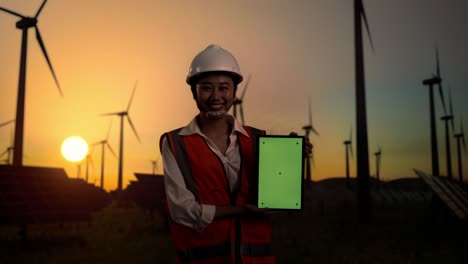 ingeniera asiática con casco de pie frente a las turbinas eólicas que giran al atardecer, sonriendo y mostrando la tableta de pantalla verde a la cámara