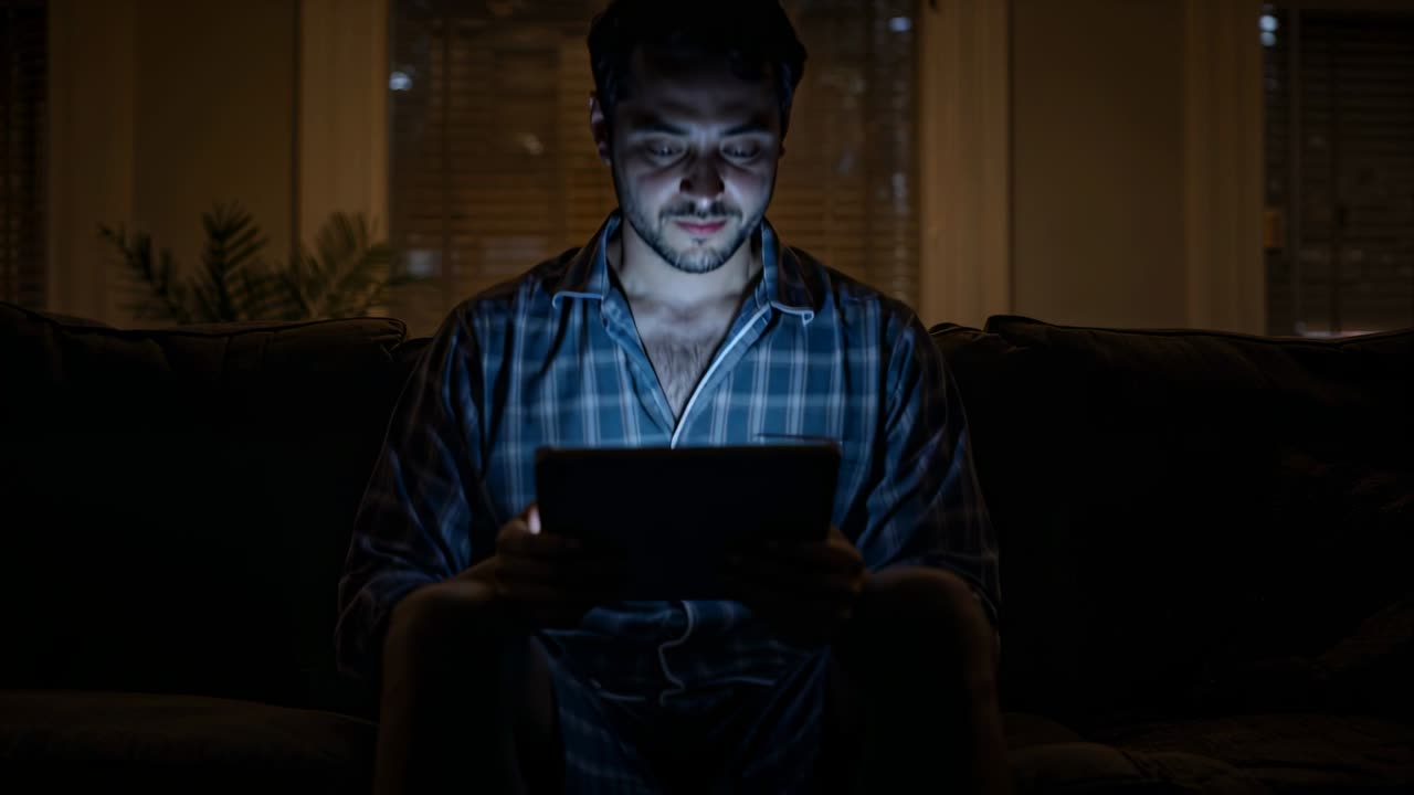 Holding man in plaid shirt raising glowing tablet on couch at home at night, straightening, smiling
