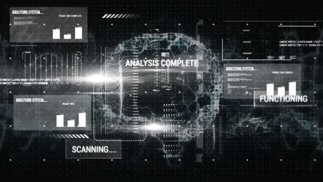 animation of data processing over digital brain on black background