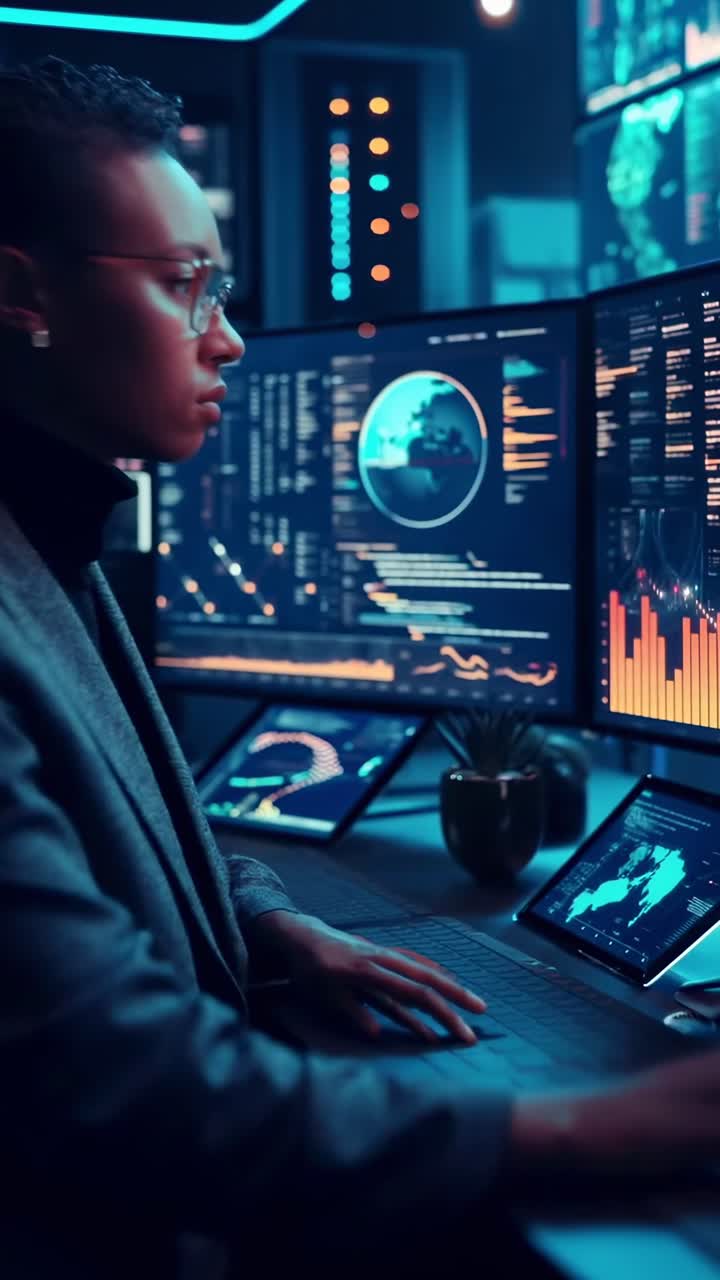 Side angle of a professional analyzing data on multiple screens in a tech-focused video