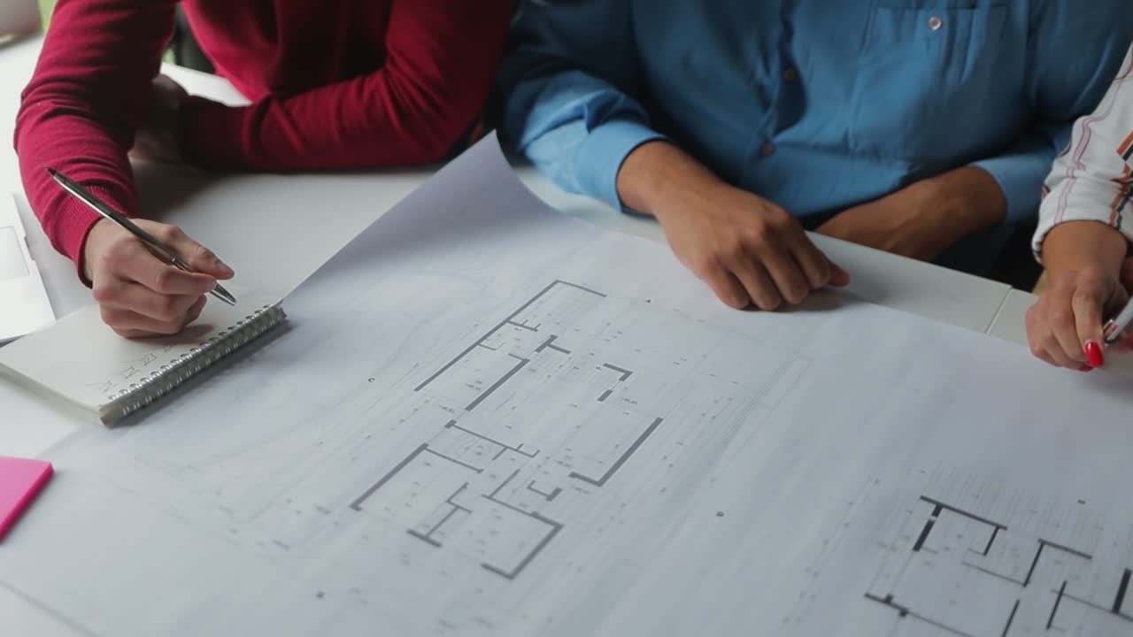 jóvenes estudiando nuevos planos en la oficina.