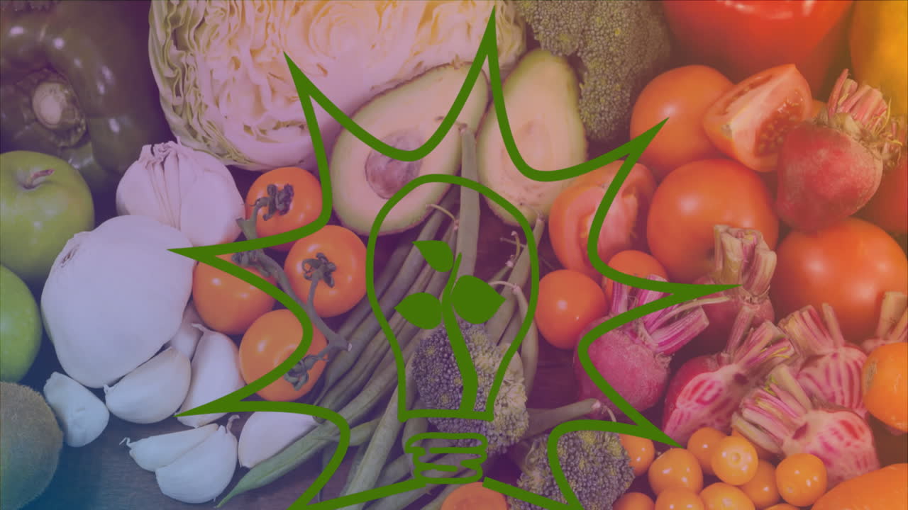 анимация зеленой лампочки над овощами