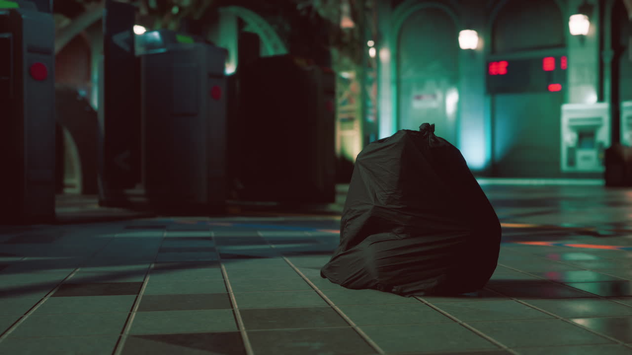 지하철역 의 타일 된 바닥 에 있는 검은색 쓰레기 가방