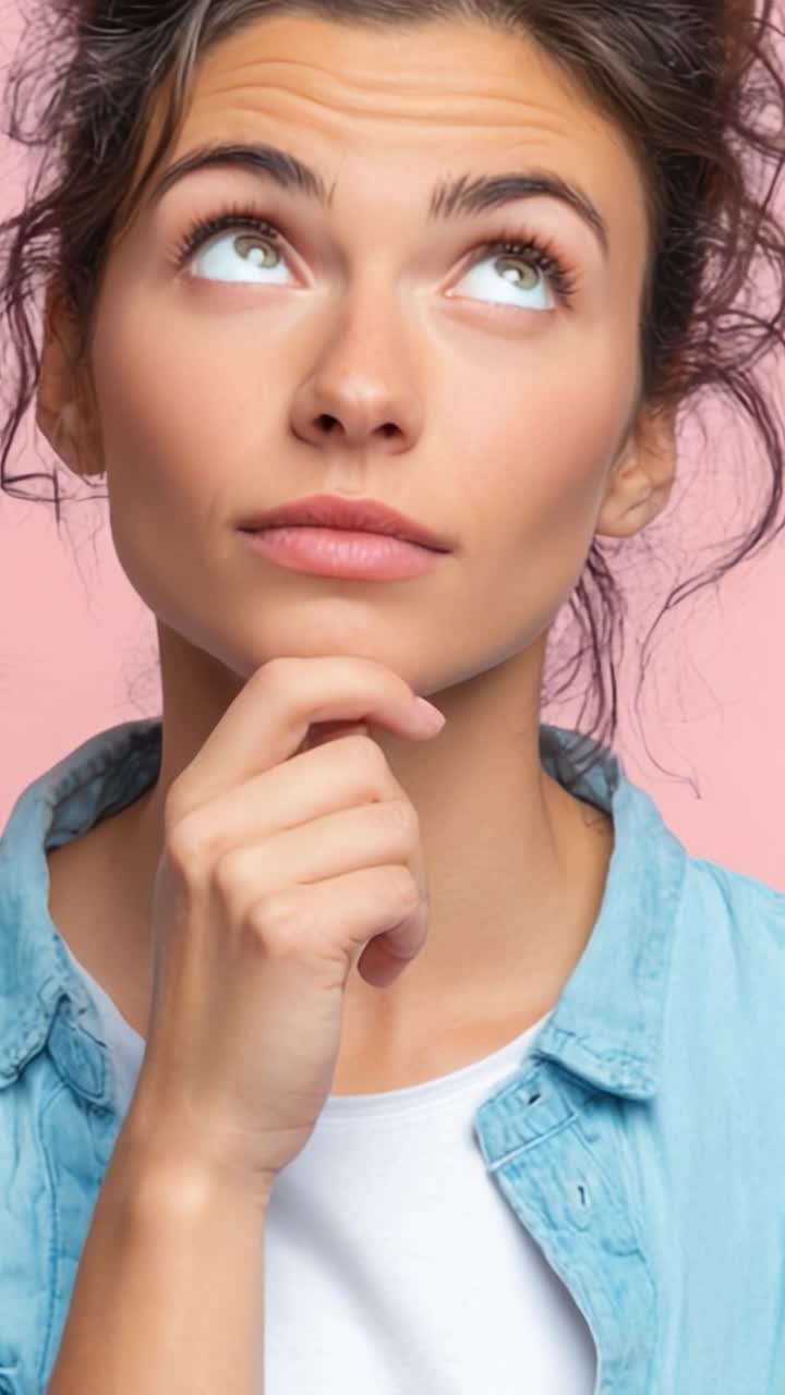 Una giovane donna contemplativa con un'espressione pensierosa guarda verso l'alto, meditando sulle possibilità su uno sfondo rosa tenue, che rappresenta idee e ispirazione