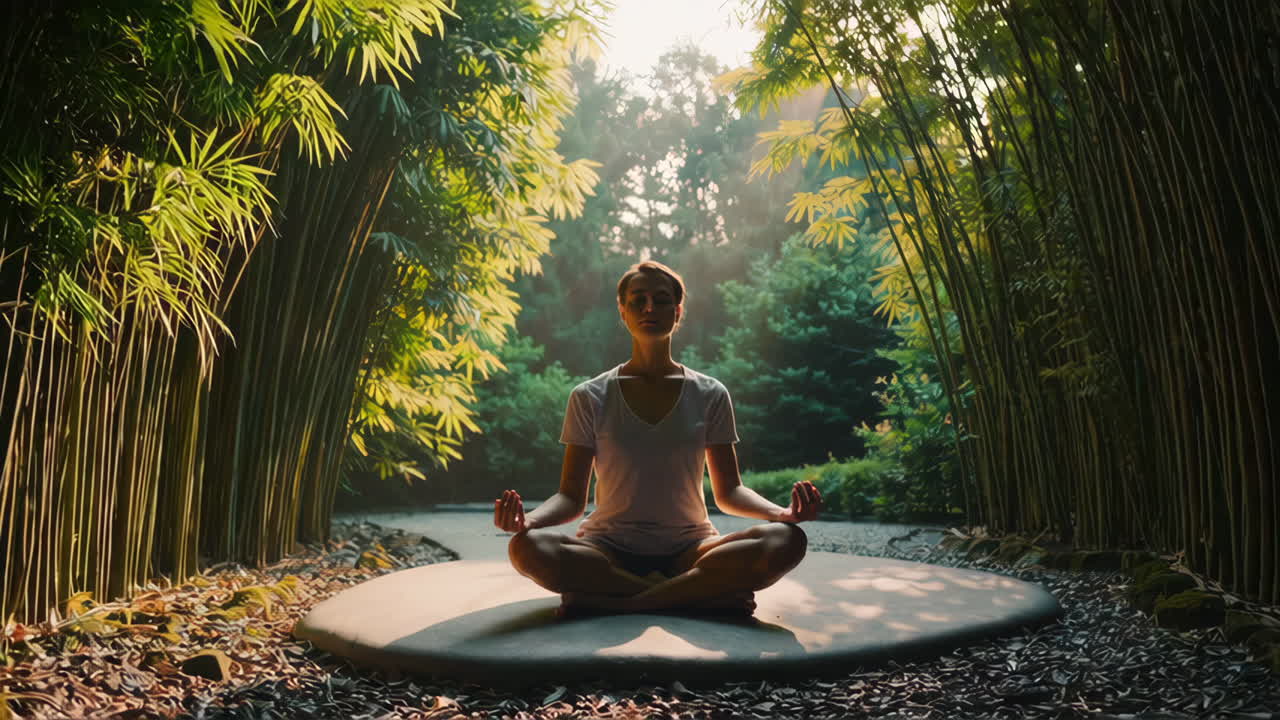 Woman meditating in a bamboo garden