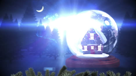 shooting star around house in a snow globe on winter landscape against moon in the night sky