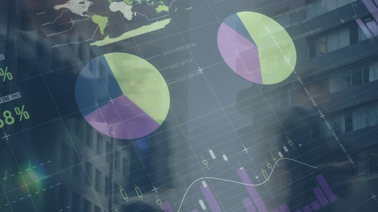 animación del procesamiento de datos financieros y gente de negocios sobre el edificio de oficinas