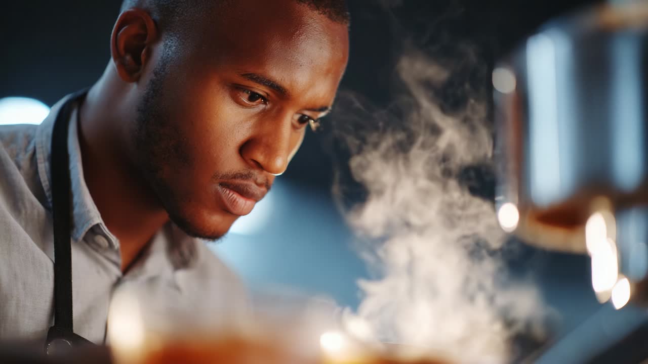 Focused Chef Carefully Preparing Exquisite Dish Surrounded by Culinary Steam, Enhancing the Mood with Intense Concentration and Artful Presentation in a Modern Kitchen Setting