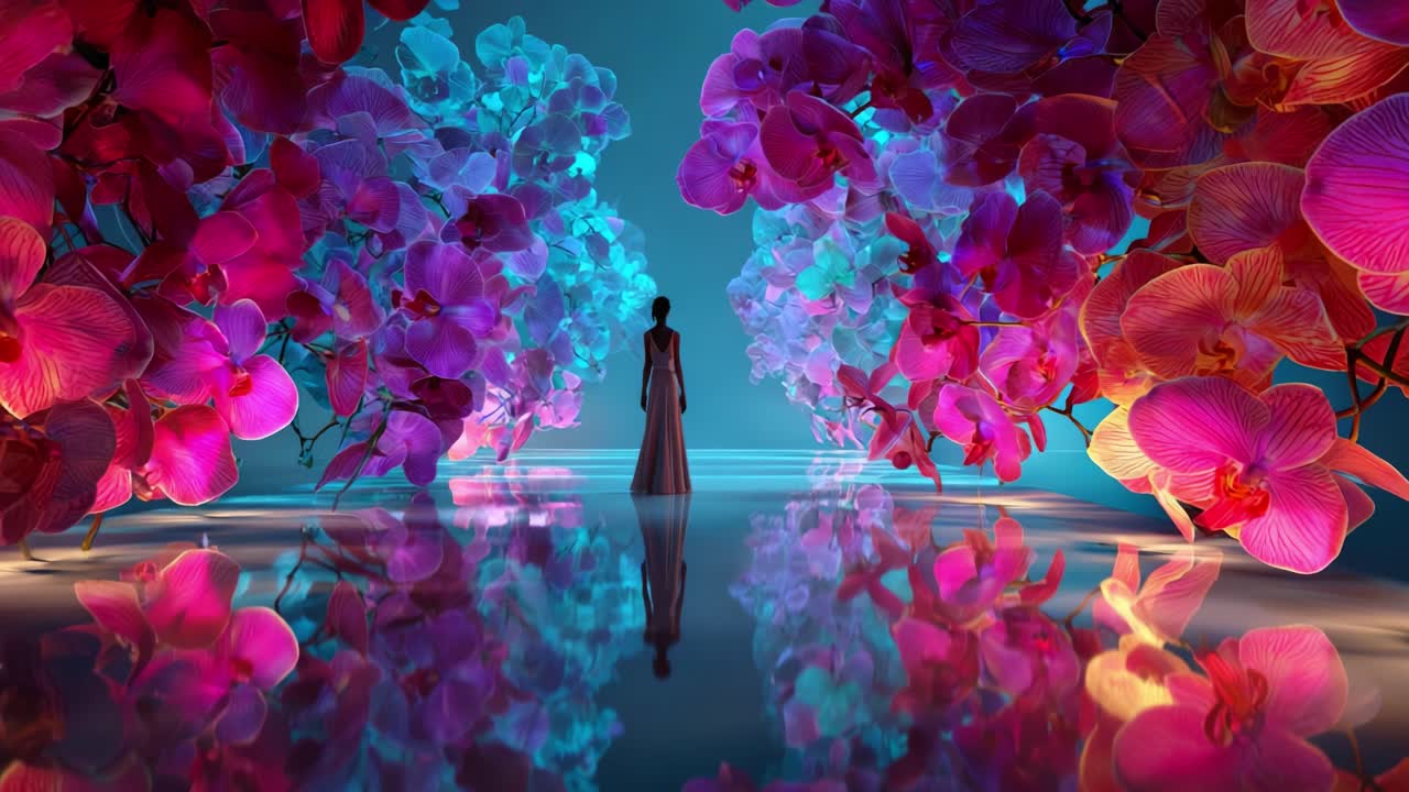 Elegant Woman Surrounded by Vibrant Orchids