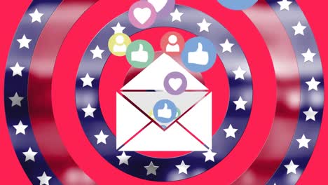 Animation-of-social-media-icons-over-american-flag-stars-and-coloured-on-circles