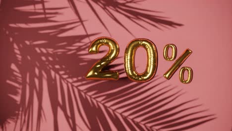 20% de descuento en fondo rojo con palma brisa suave, concepto de venta de verano de vacaciones