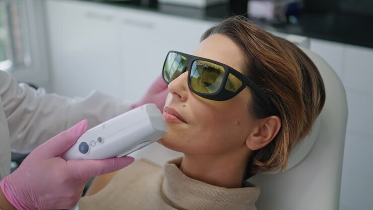 donna che ha una procedura facciale al laser sul divano in una clinica di cosmetologia da vicino.