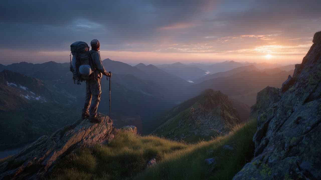 A solitary hiker stands atop a rugged mountain peak, basking in the breathtaking view of a vibrant sunset casting warm light over the vast, undulating landscape below
