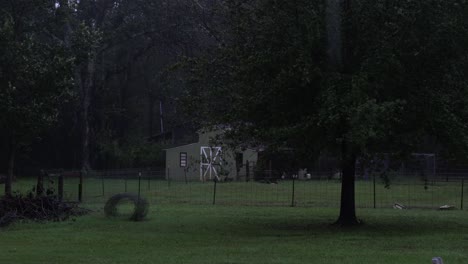 Während-Eines-Hurrikans-Im-Land-Weht-Ein-Starker-Wind-Große-Bäume-Umher,-Wobei-Es-In-Der-Mitte-Des-Landes-In-Strömen-Regnet