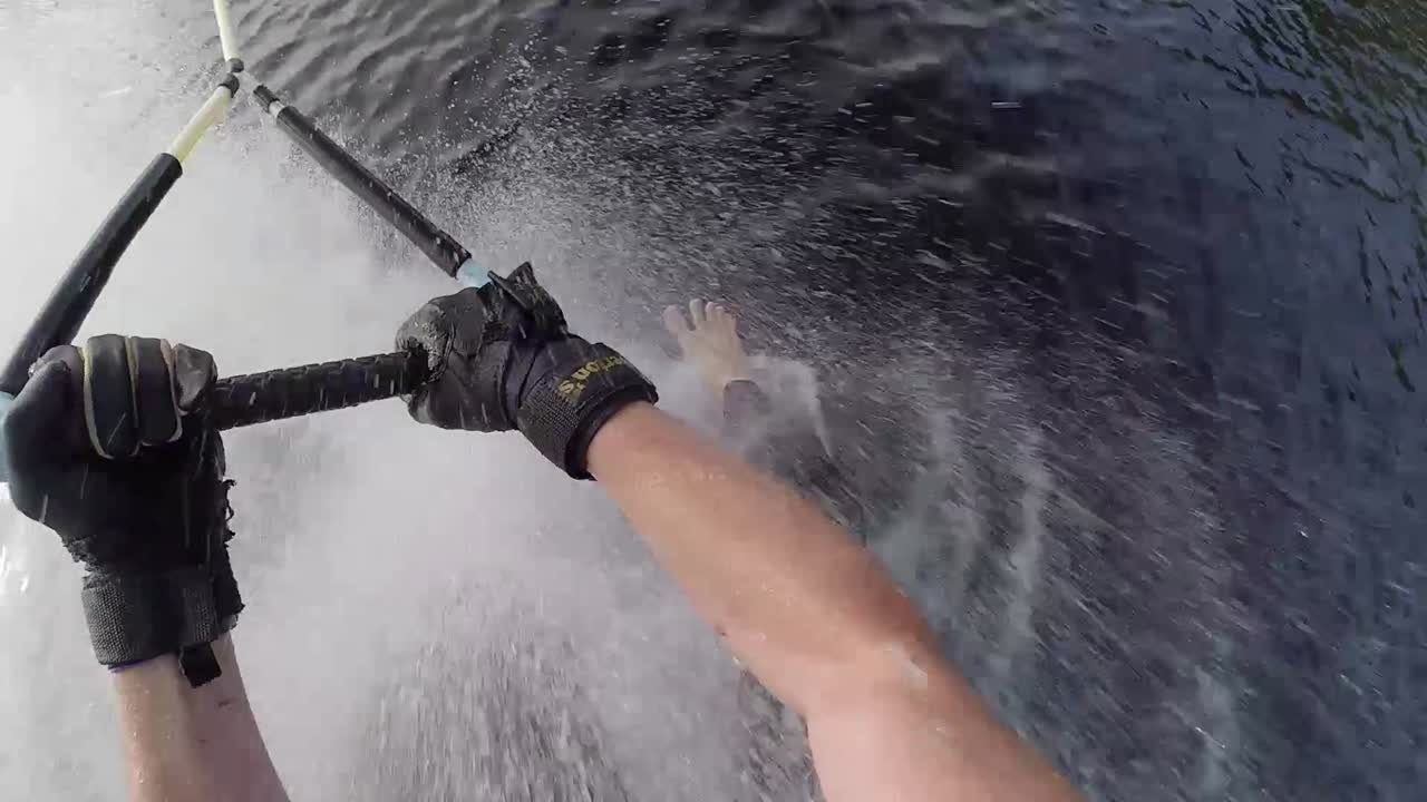 First person view barefoot water skiing.