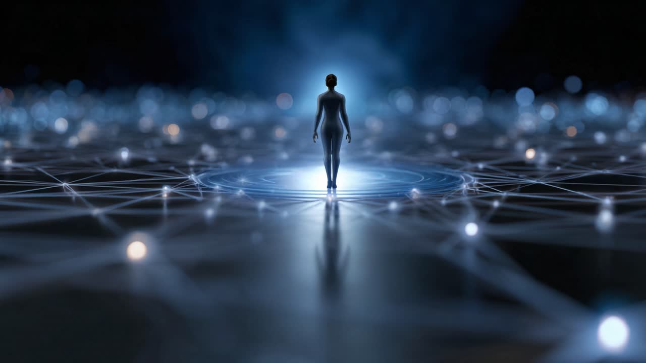 A figure emerges from a network of light, symbolizing the connection between humanity and technology, with radiant blue hues illuminating the path forward