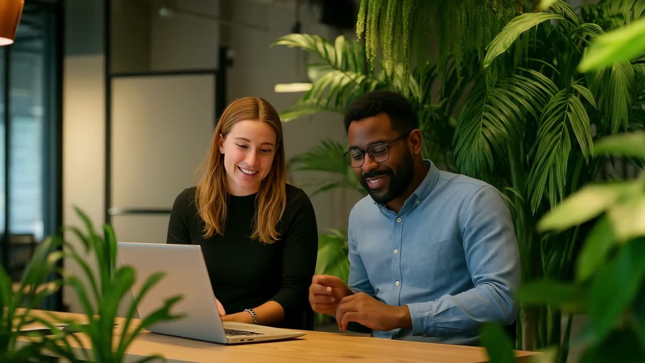 A video captures two colleagues smiling and collaborating at a laptop in a modern office