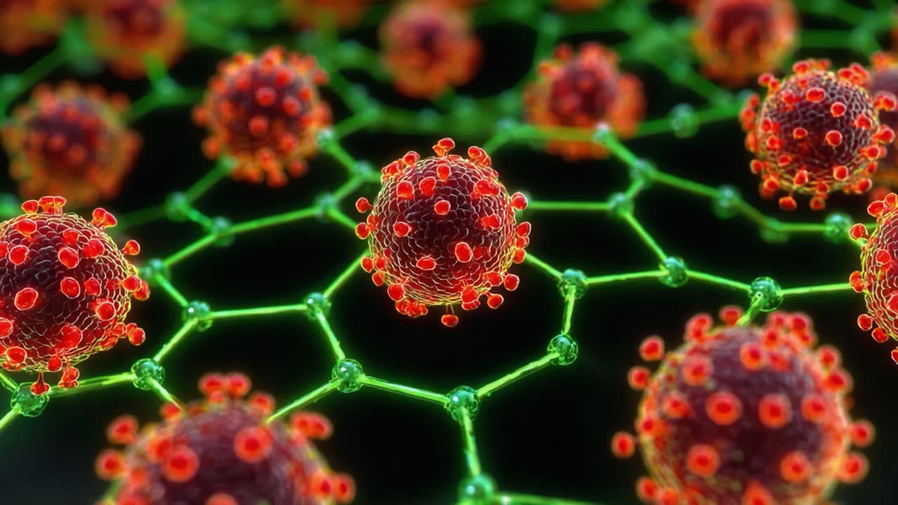 This vibrant scientific visualization explores the intricate structures of viral particles, showcasing their connections to surrounding molecules in a detailed microscopic perspective