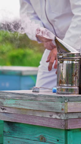 thick smoke comes from a smoker placed on the hive. bee keeper checks his farm. blurred backdrop. healthy food concept. vertical video