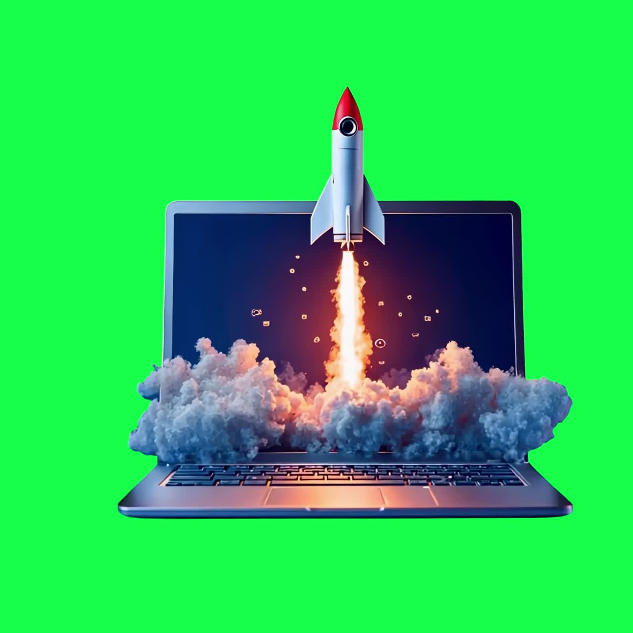 Rocket launching from laptop animation, transparent 4K video, green screen