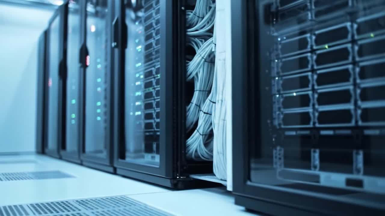 A Technological Insight into Data Centers: A Glimpse of Server Racks and Network Infrastructure Showcasing Modern IT Infrastructure Connectivity and Efficiency