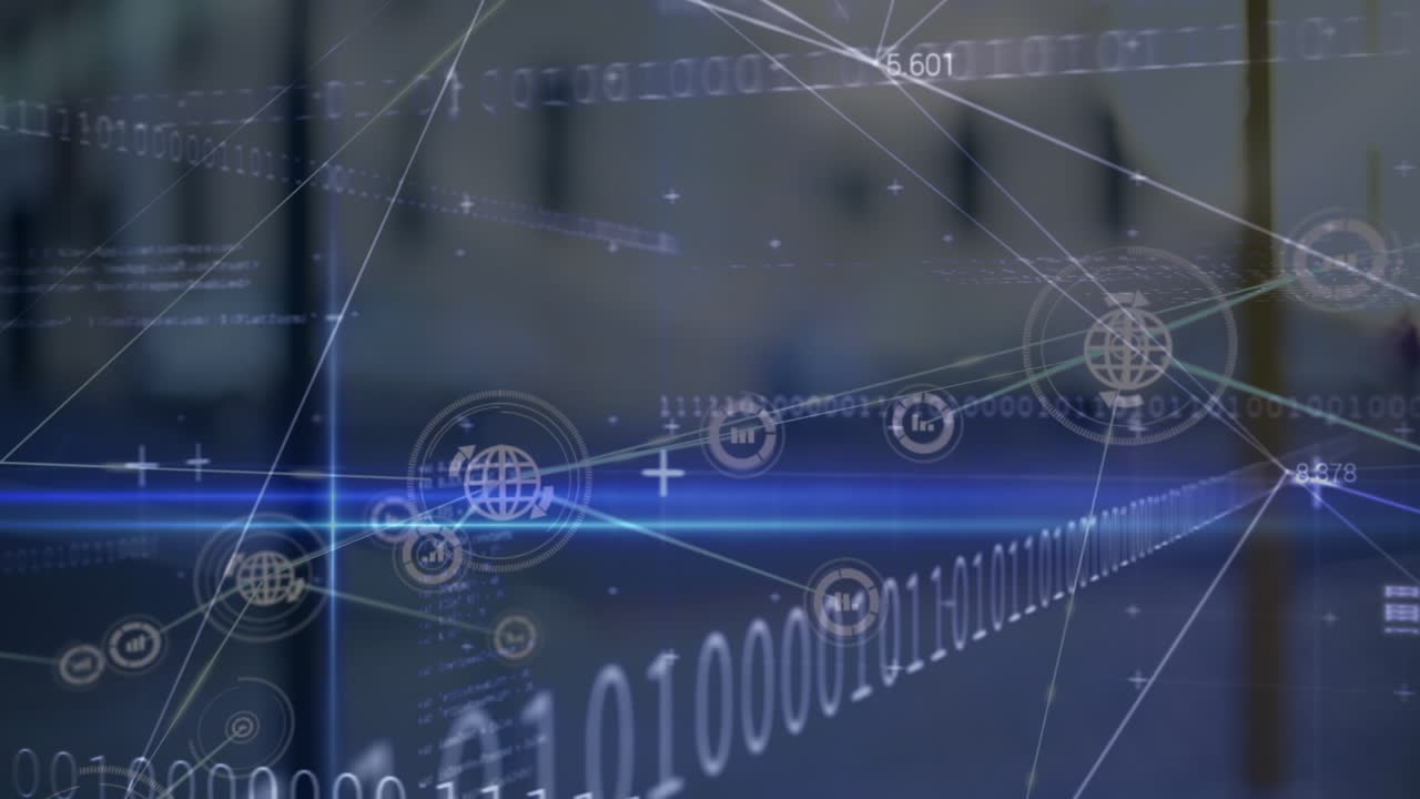 디지털 아이콘 네트워크의 애니메이션과 데이터 처리가 창문에서 도시의 교통을 볼 수 있습니다.