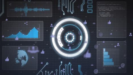 Animation-of-multiple-digital-icons-floating-over-interface-with-round-scanner-and-data-processing