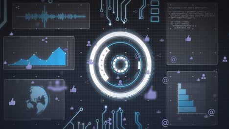 animación de múltiples iconos digitales flotando sobre la interfaz con escáner redondo y procesamiento de datos