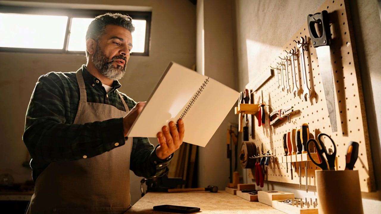 Carpentiere con grembiule che sfoglia un taccuino confrontando le pagine con gli attrezzi sul pannello forato per pianificare il lavoro in officina