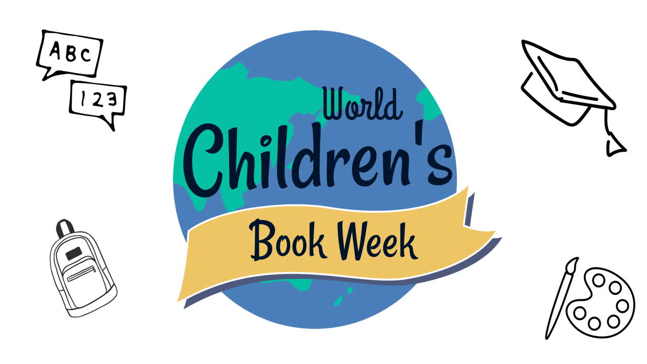 세계 어린이 책 주간 텍스트와  ⁇ 색 배경의 학교 아이콘의 애니메이션
