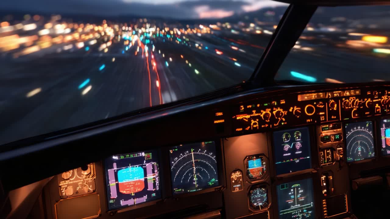 Aerial Perspective: Captivating Views from the Cockpit During Final Approach with Vibrant City Lights Below