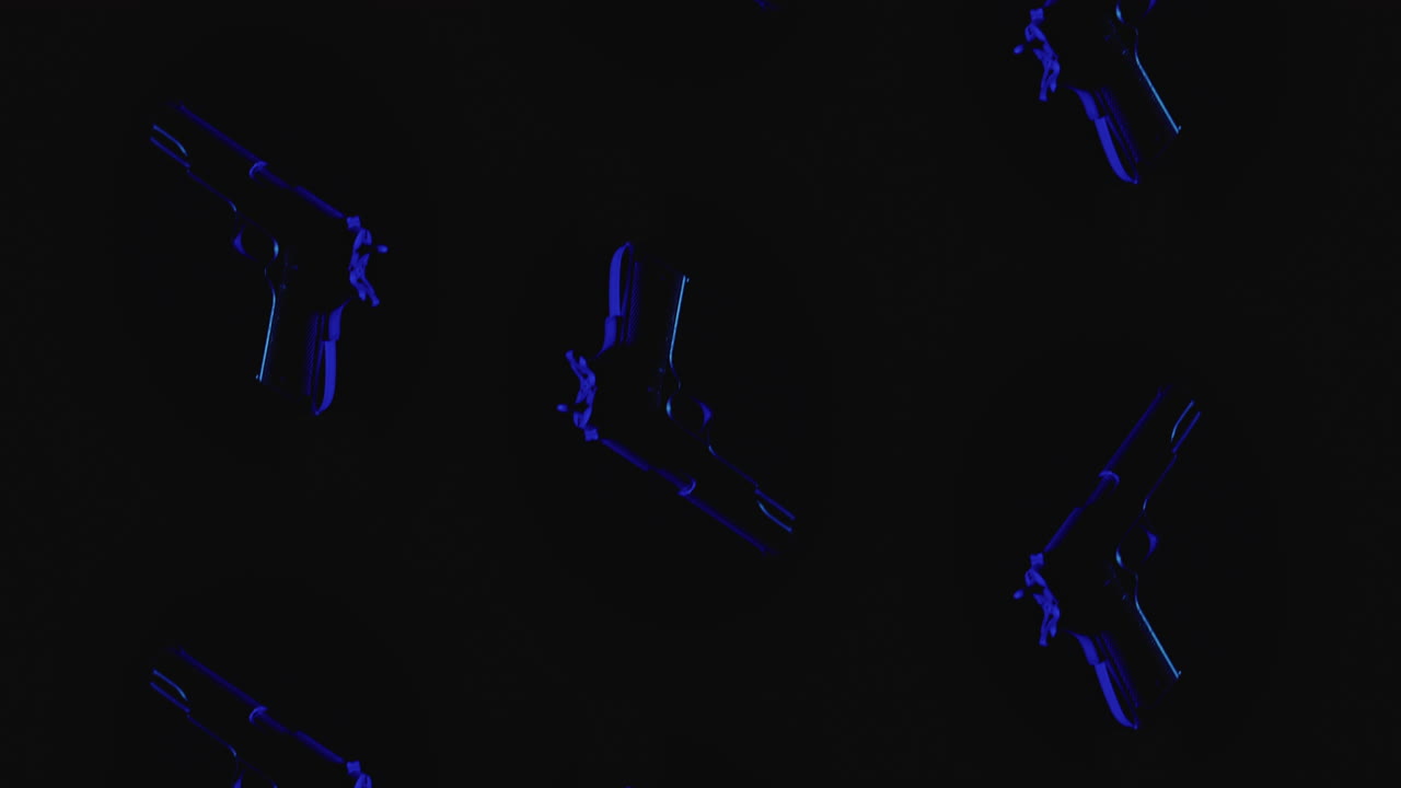 Pistols on the dark background and in blinking red and blue light rotate in slowmotion