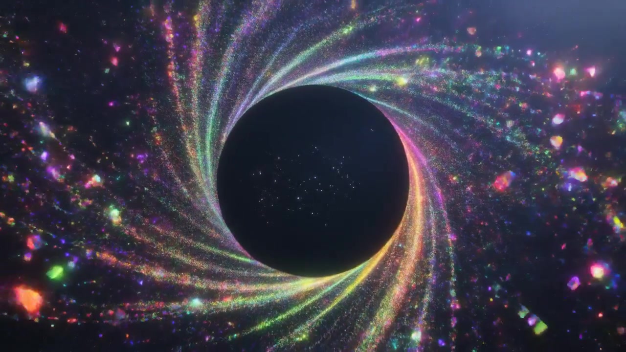 Abstract Spiral Galaxy with Colorful Glowing Particles and Central Black Hole