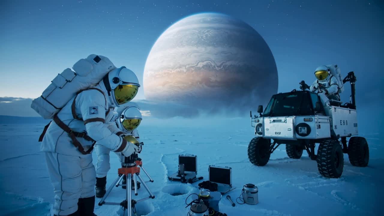 Boremaskine starter, to astronauter i rumdragter opstiller stativ på isdækket slette, tager prøver med rover, plads til tekst