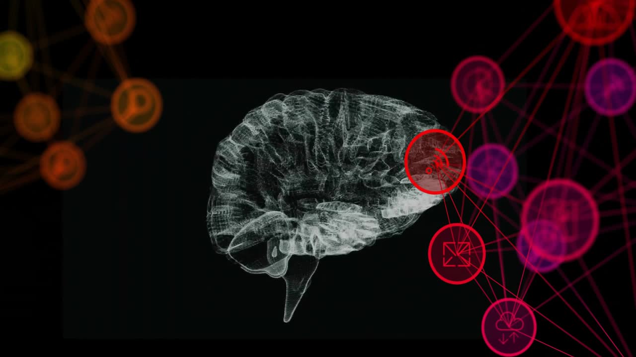 Wireframe brain model floating centrally, showing orange and red nodes and thin lines in 3D render