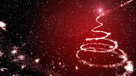 animation of snow falling over christmas tree formed with shooting star on red background