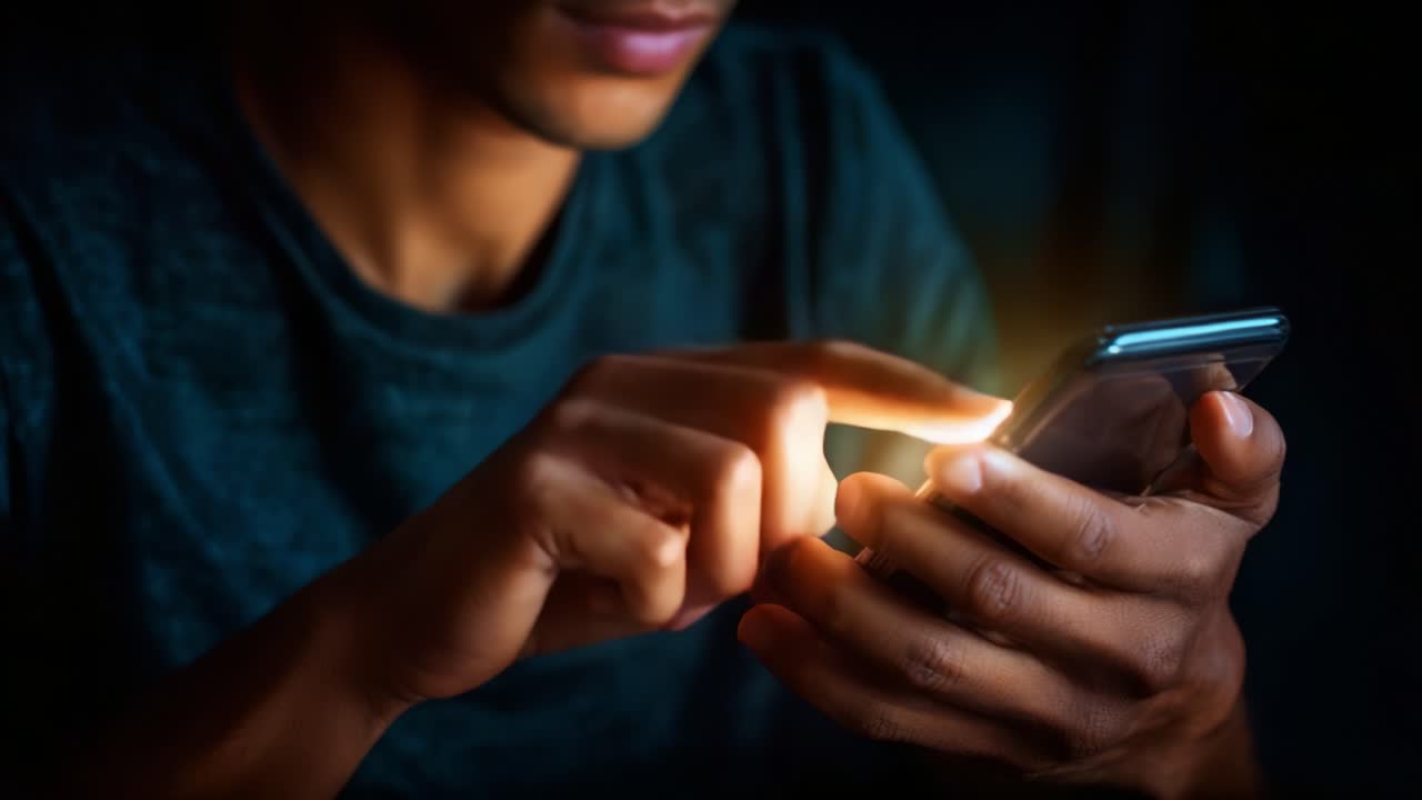 Uomo con smartphone in penombra, concentrato sul touchscreen, che mostra l'uso della tecnologia moderna e il coinvolgimento personale in un ambiente digitale