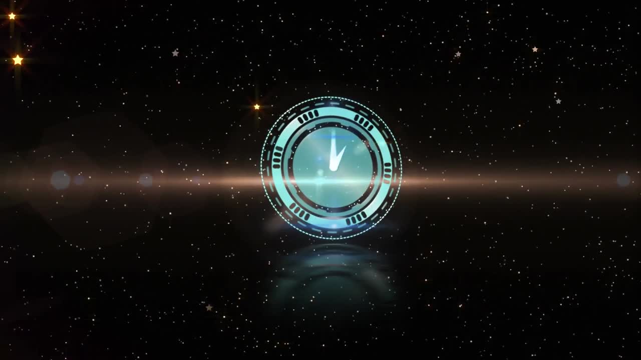 Animation of clock with moving hands over glowing stars on black background