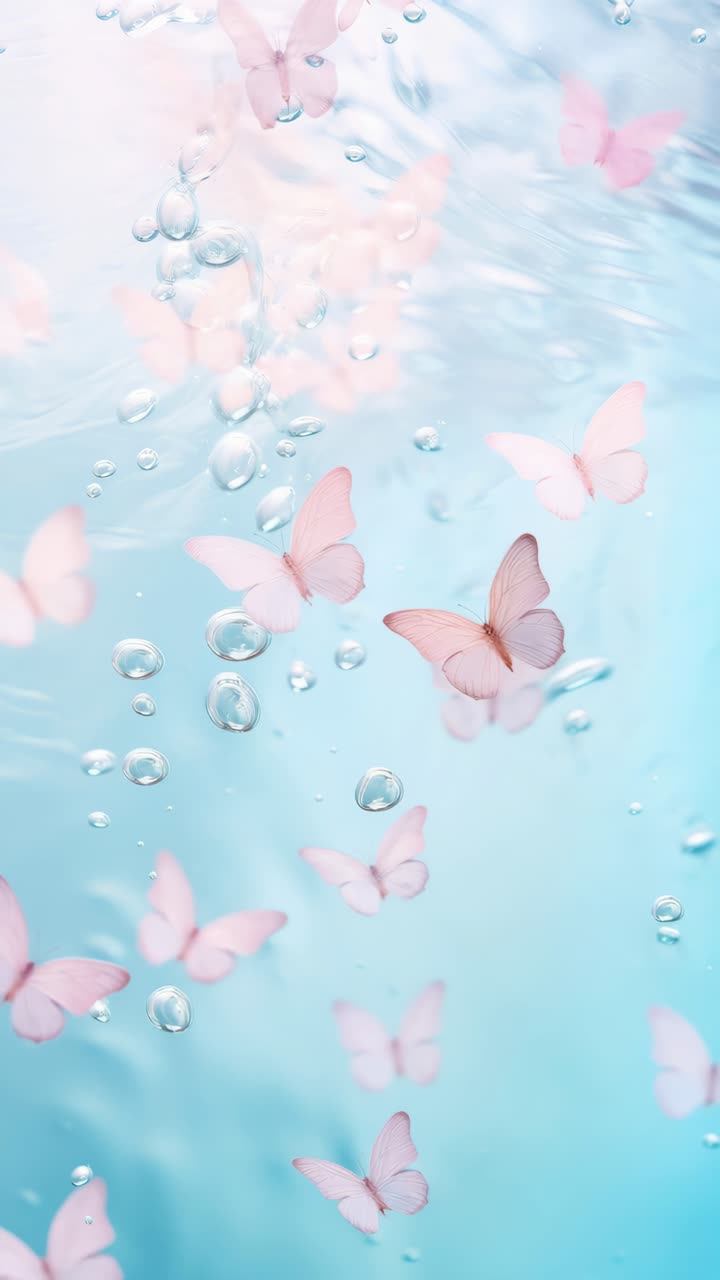 Aerial view of pink butterflies floating in clear water with bubbles ...