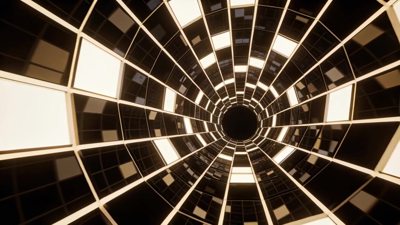 Starting camera moving toward central aperture through mirrored tunnel, with warm white panels