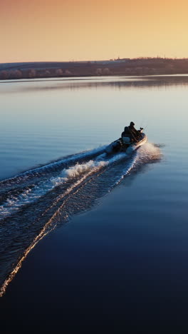 boat on water surface at sunset. people driving the motor boat quickly along the evening river on beautiful water background. aerial view. vertical video