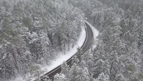 Drone-aerial-view-of-snowy-forest-and-countryside-road-in-Kaunas-county,-Lithuania