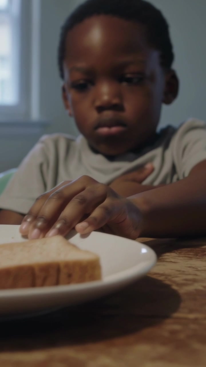 Video verticale: Notando una singola fetta, un bambino con una maglietta chiara spinge il pane sul piatto al tavolo da pranzo.